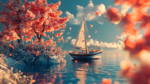 Sailboat drifts beside blossom island under warm sunset sky