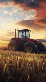 Sunlit red tractor in golden wheat field at dusk horizon.