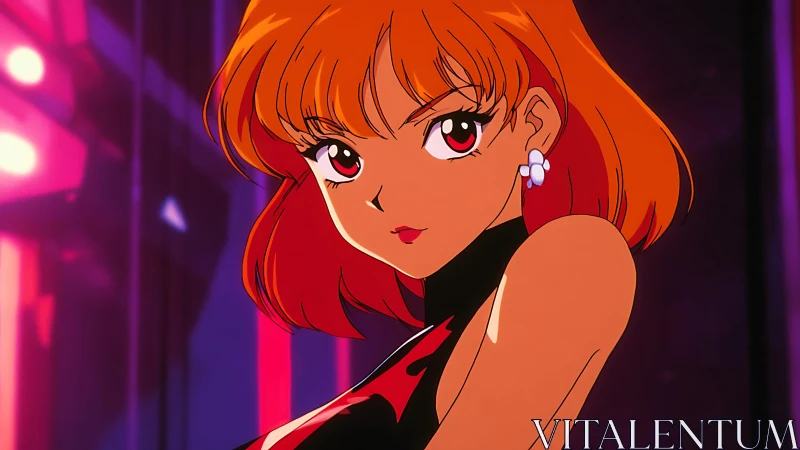 Retro anime portrait of red-haired woman in neon city bar