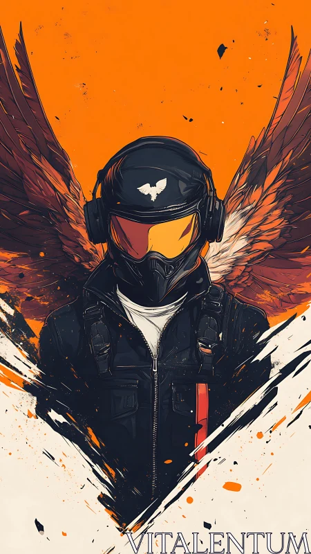 Winged figure in helmet and jacket against orange field.