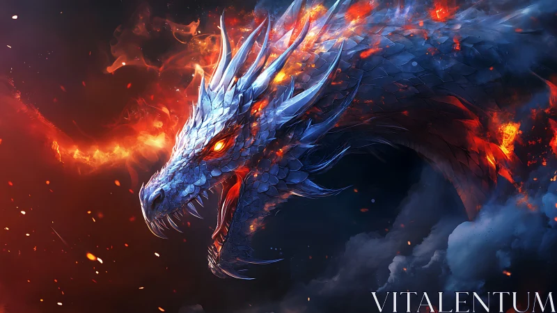 Molten-scaled ice dragon exhaling swirling inferno flame.