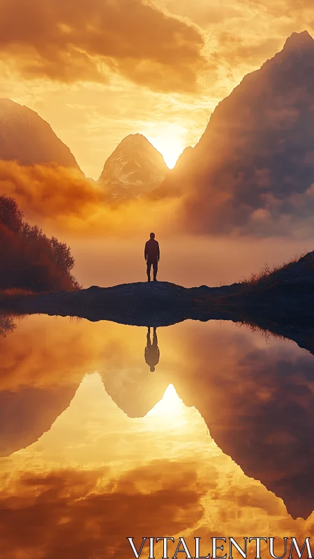 Backlit mountain observer with mirrored golden sky symmetry.