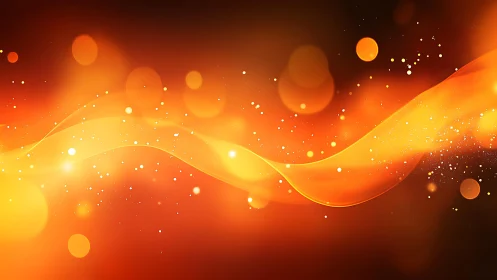 Abstract orange waves with glowing lights on dark background.