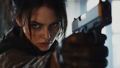 Determined young fighter aims handgun with intense focus