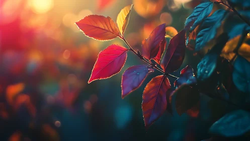 Sunlit crimson leaves drifting through a jeweled twilight glow.