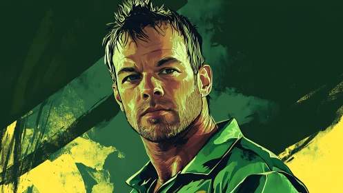 Digital painting portrait with dynamic green tonal layering.