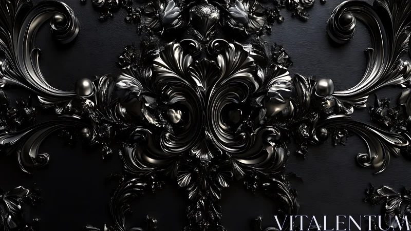 Baroque black chrome ornament in symmetric 3D relief design.