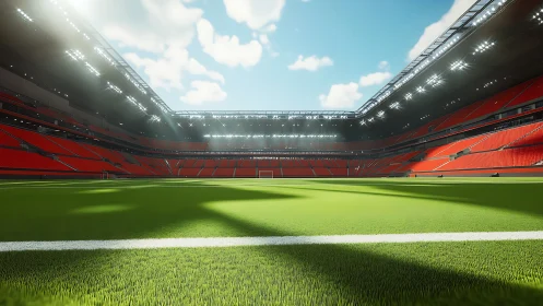 Modern football stadium interior under bright daylight.