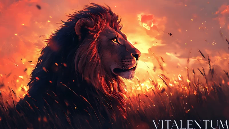 Lion silhouette burns against blazing ember sunset sky.
