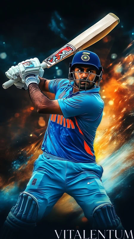 Cricketer in blue uniform playing attacking batting shot.