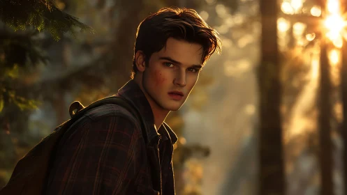 Wounded young hiker stands in sunlit forest clearing