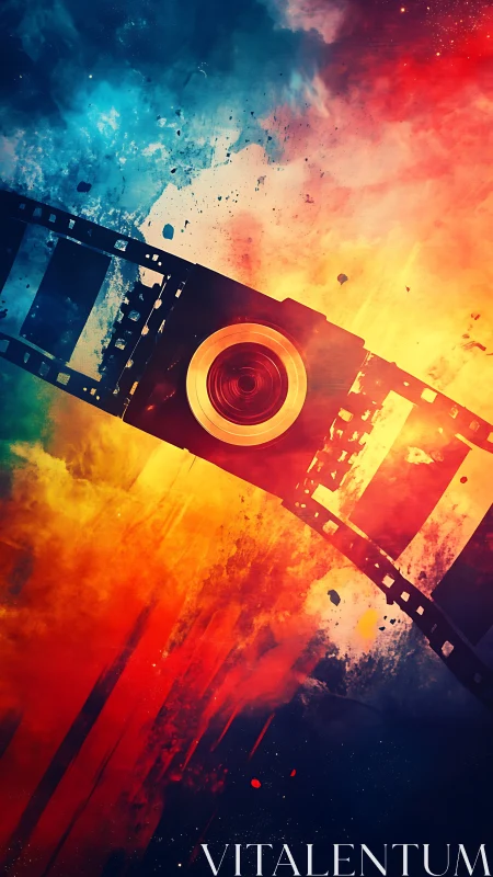 Cinematic camera lens with diagonal film strip in nebula hues