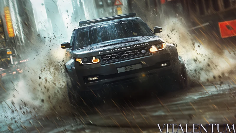 Off-road SUV powers through urban rain-soaked street