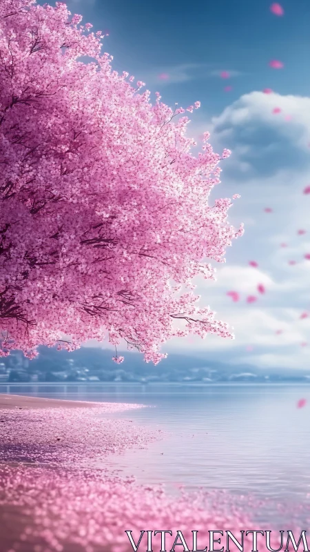 Cherry blossoms drift softly along a tranquil lakeshore