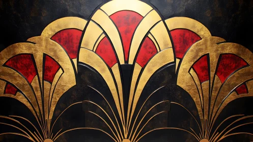 Elegant Art Deco Fan Motif in Gold and Red on Black Background.