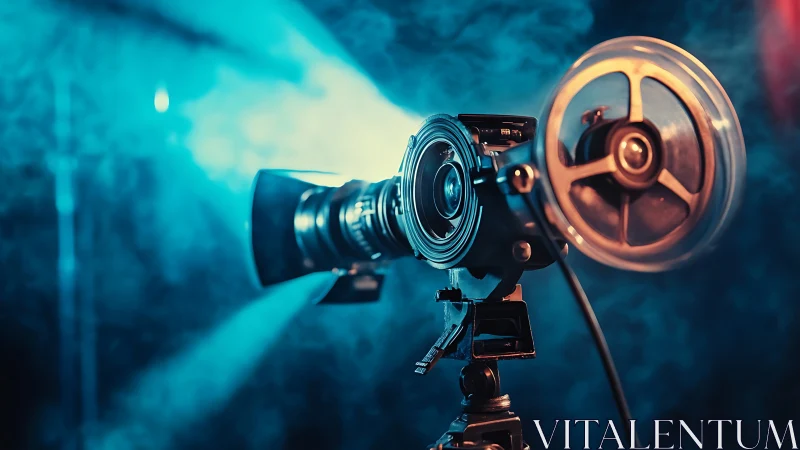 Vintage film projector casting beam through colored haze.