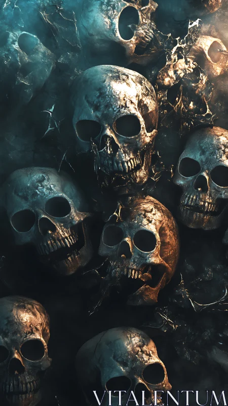 Moody skull cluster glowing in eerie teal and ember light.