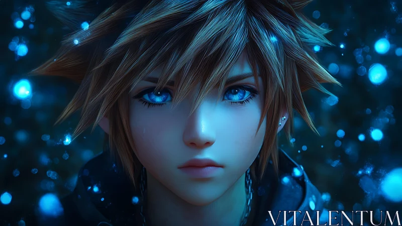 Starlit boy with electric eyes in midnight snowfall.