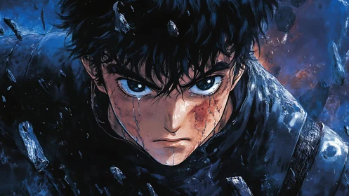 Battle-worn anime fighter stares forward with intense focus