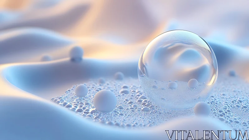 Glass sphere rests on pastel foam dunes under soft light.