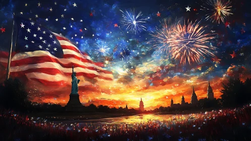 Glowing patriotic night with fireworks over a sunset city.