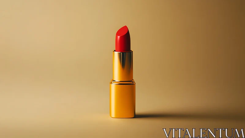 Red lipstick stands upright in golden minimalist studio.