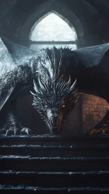 Armored dragon descends cathedral steps in cinematic chiaroscuro