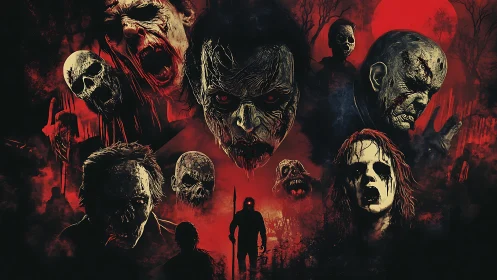 Nightmarish undead horde encircling lone survivor silhouette.