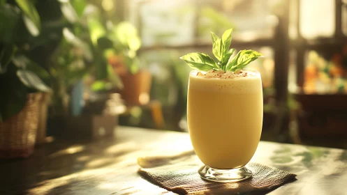 Golden Mint Beverage in Sunlit Greenhouse Setting.