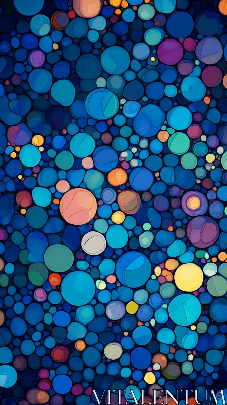 Vibrant circular mosaic flows across a deep blue abstract field