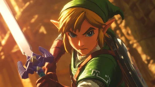 Sword-ready elf hero in green tunic amid golden glow.