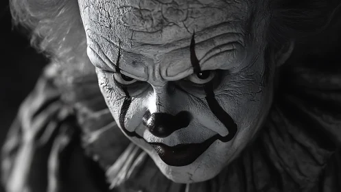 Grinning nightmare clown leans from the shadows and studies you