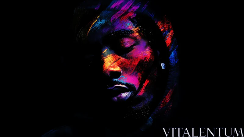 Neon-splashed portrait emerging from shadowed void.