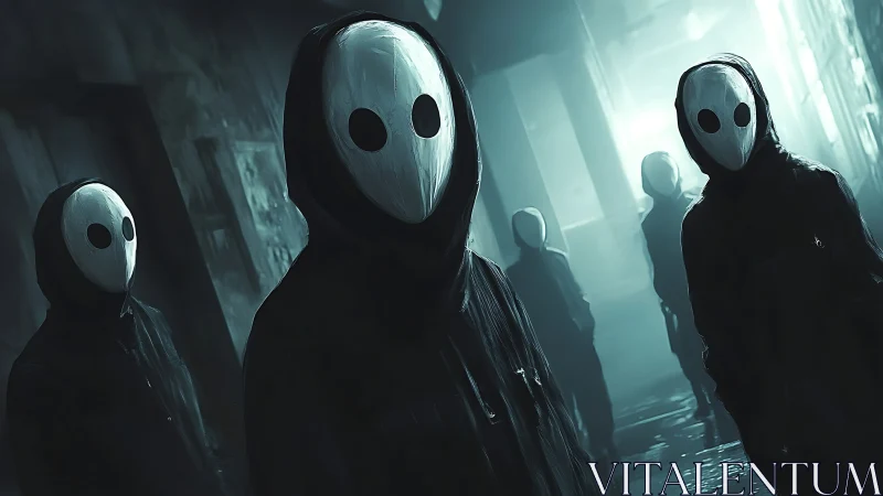 Hooded figures with white oval masks stand in misty alley
