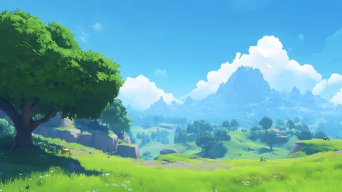 Bright stylized valley landscape under clear blue sky.