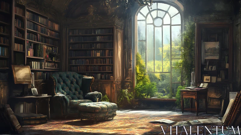 Sunlit vintage library with velvet chair and greenery.