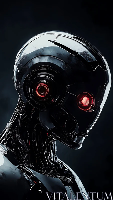 Chrome combat android with red sensor eyes, noir lighting.