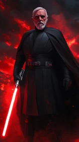 Elder dark warlord ignites crimson blade in burning dusk.