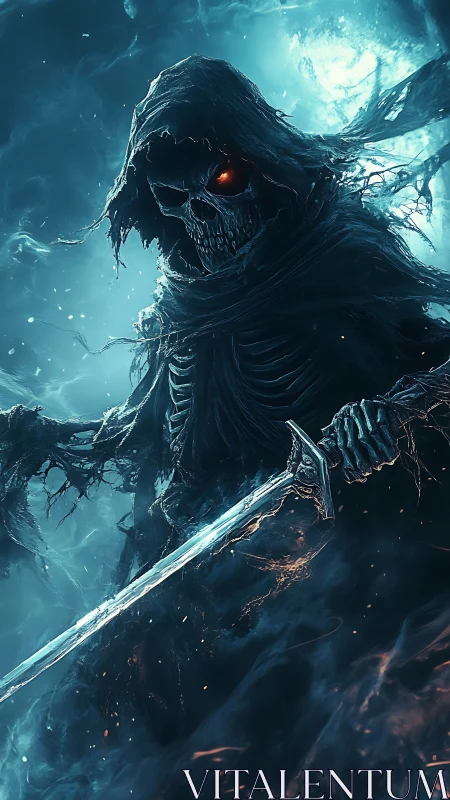 Grim reaper warrior wreathed in icy blue ghostlight storm.