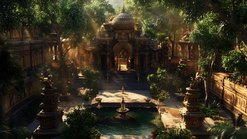 Intricate temple courtyard is surrounded by dense forest vegetation