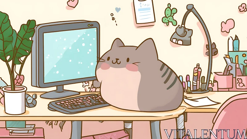 Content Creator's Workspace with Cat at Computer Desk