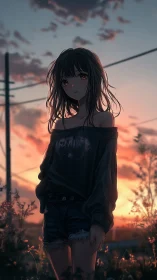 Backlit anime figure in dusk field with volumetric lighting.