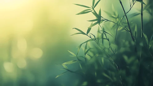 Tranquil bamboo leaves in soft sunlight, dreamy nature background.