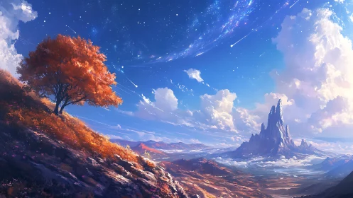 Digital painting of autumn tree and celestial mountain vista.