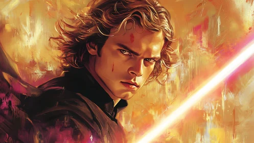 Dynamic portrait of warrior with glowing blade in warm spectral light