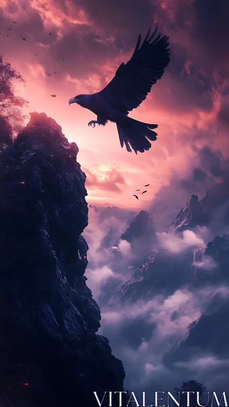 Eagle soaring above misty cliffs in crimson twilight sky.