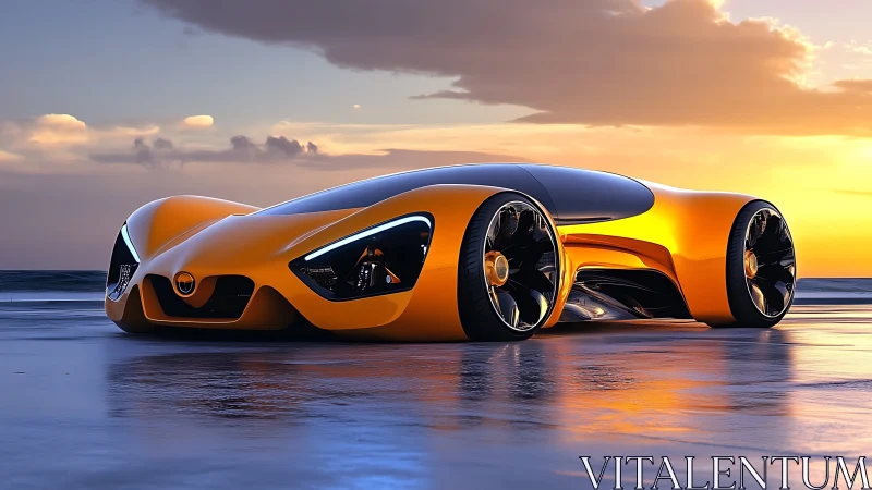 Futuristic orange supercar concept on reflective shoreline at dusk.