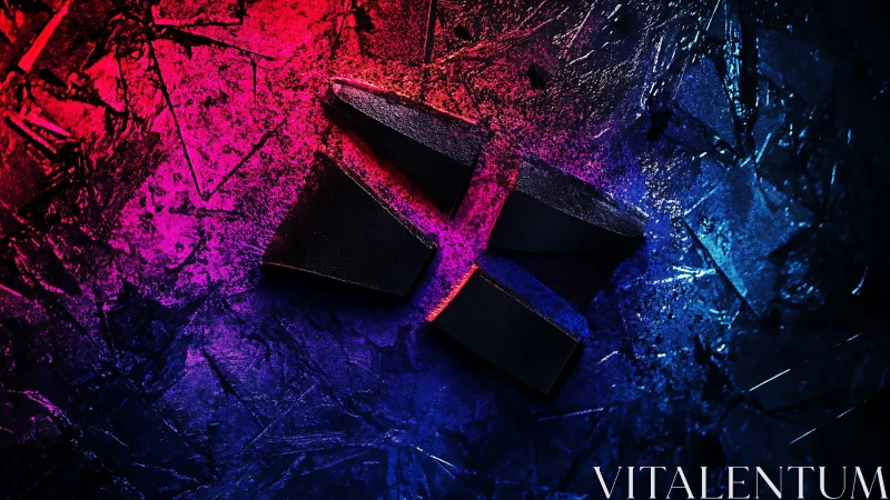 Neon shards glow around a bold geometric cross symbol in light