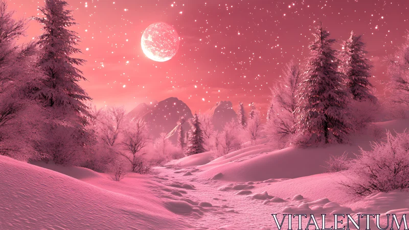 Pink winter forest under luminous moonlit sky.