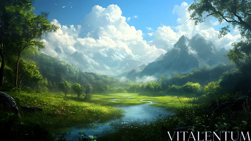 Mountain valley landscape with river and forest under clouds.